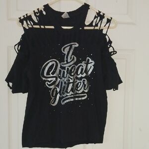 Black Cold Shoulder T-Shirt with Glitter Print